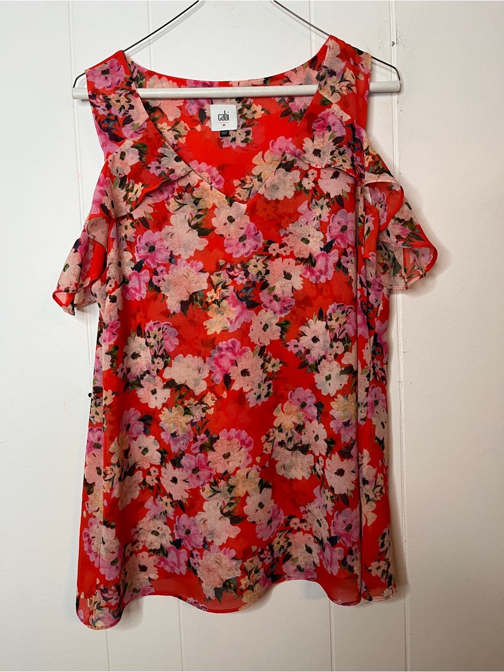 CAbi Orange Floral Cold-Shoulder Blouse Sleeveless Ruffle Details Lightweight S